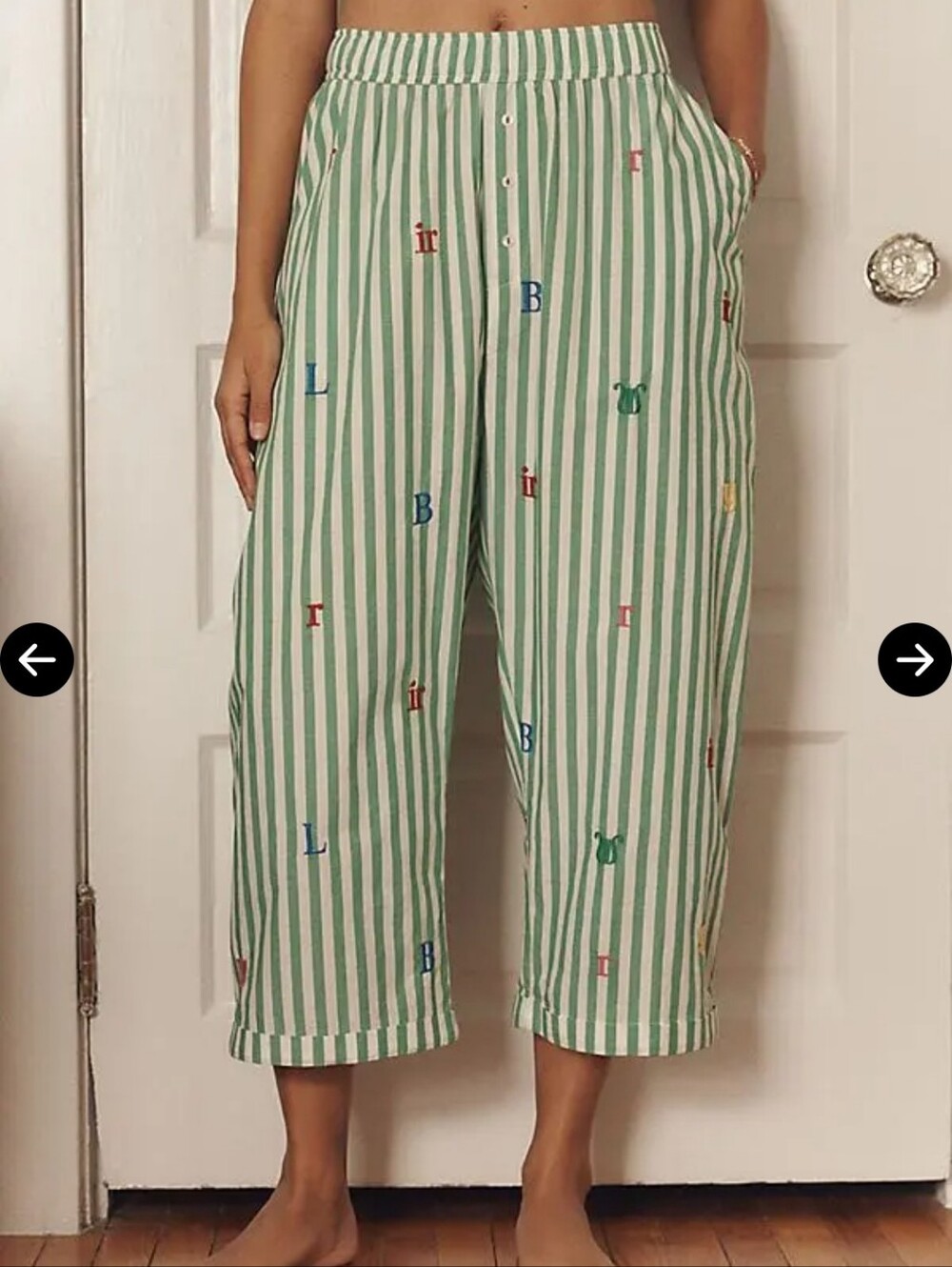 Anthropologie LyreBird Pajama Pants XL Green Stripe Embroidered 100% Cotton